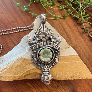 Viva La Vida Green Flower Pewter Pendant Necklace Sweet Bird Studios New